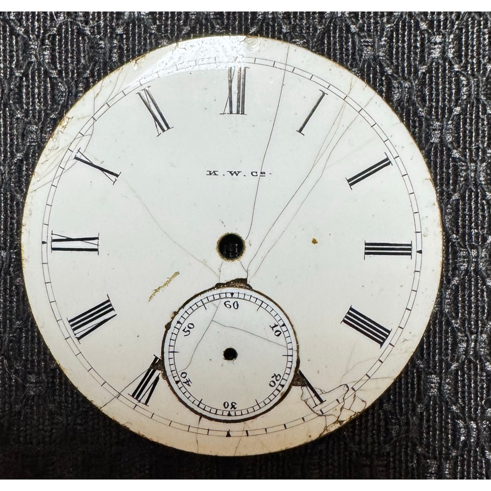 K.W.Co. 18s Roman Numeral Enamel Pocket Watch Dial Chips/Harlines